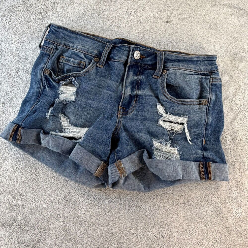 Aeropostale Denim Shorts Womens Size 6 Low Rise Midi Distressed Blue